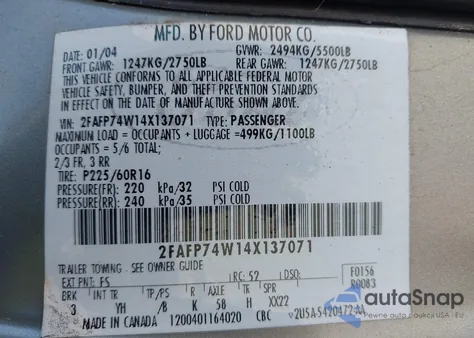 2004 Ford Crown Victoria Lx from USA, damaged, VIN 2FAFP74W14X137071